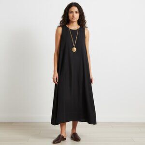 James Perse Cotton A-Line Midi Dress SZ S Black Minimalist Lagenlook Boho